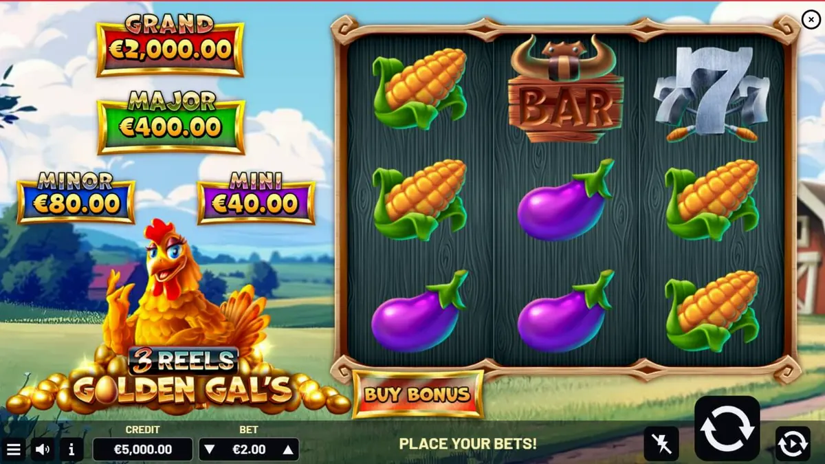 Tampilan visual slot Golden Gal’s 3 Reels dengan tema pertanian yang ceria