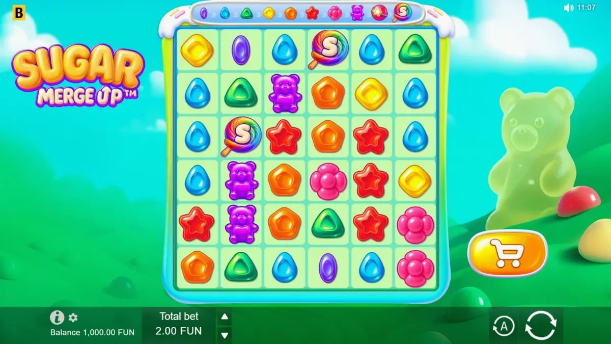 Tampilan visual slot Sugar Merge Up dengan tema permen yang penuh warna