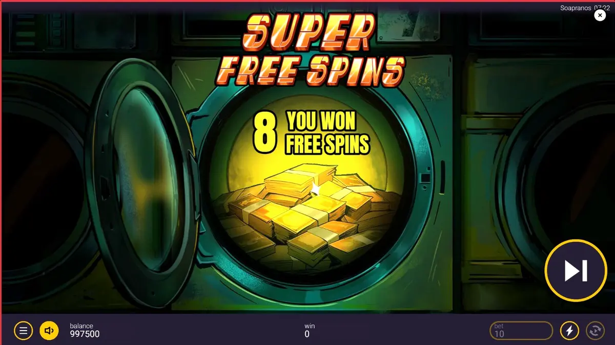 Tampilan visual slot The Soapranos dengan tema mafia dan laundromat
